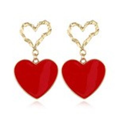 Boucles d'oreilles pendantes coeur doré étoile émail rouge