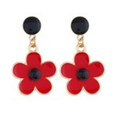 Boucles d'Oreilles Pendantes Botaniques Fleur en Émail Rouge