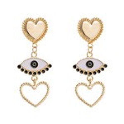 Enamel Evil Eye with Gold Tone Heart Drop Earrings
