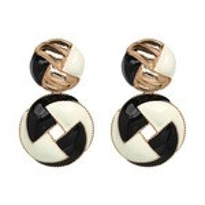 Round Black and White Enamel Gold Tone Drop Earrings