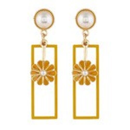 Rectangle with Yellow Enamel Flower Pearl Drop Earrings