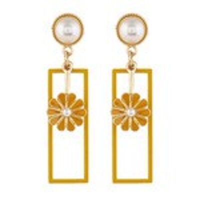 Boucles d'Oreilles Pendantes Rectangle avec Perle Fleur en Émail Jaune