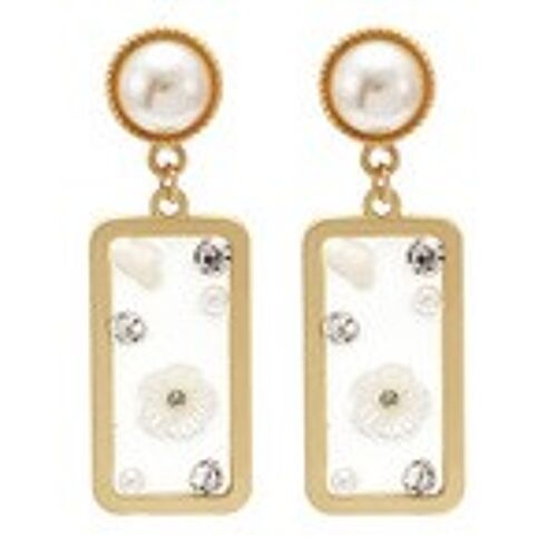 Gold Tone Pearl Stone Crystal Rectangle Drop Earrings