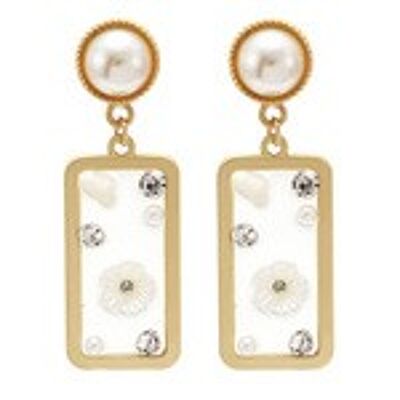 Aretes colgantes rectangulares de cristal de piedra de perla en tono dorado