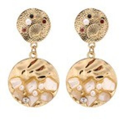 Boucles d'oreilles pendantes avec disque en cristal et pierre perle dorée