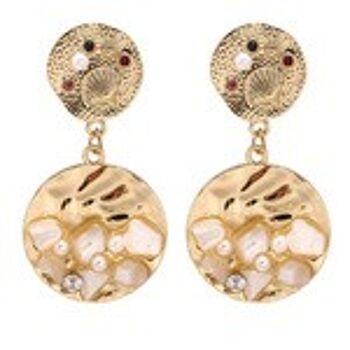 Boucles d'oreilles pendantes avec disque en cristal et pierre perle dorée 1