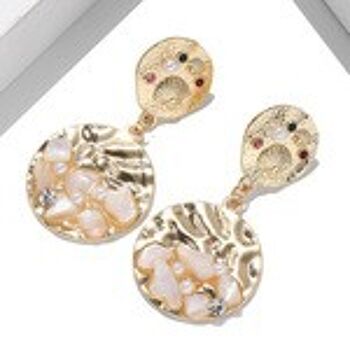 Boucles d'oreilles pendantes avec disque en cristal et pierre perle dorée 3