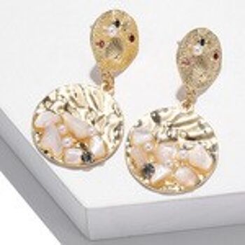 Boucles d'oreilles pendantes avec disque en cristal et pierre perle dorée 4