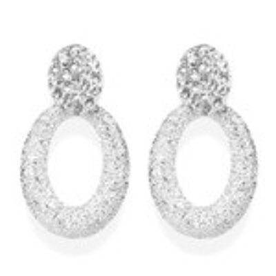 Crystal Pave Textured Oval Silver Tone Drop Earrings