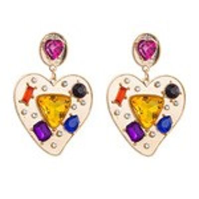 Boucles d'Oreilles Pendantes Coeur Doré Cristaux Colorés