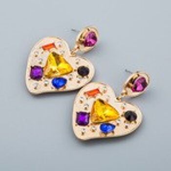 Boucles d'Oreilles Pendantes Coeur Doré Cristaux Colorés 6