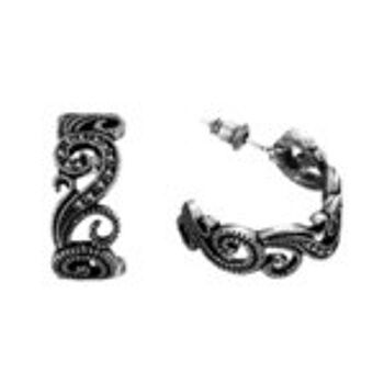 Boucles d'oreilles imitation argent antique tourbillons avec cristaux noirs 1