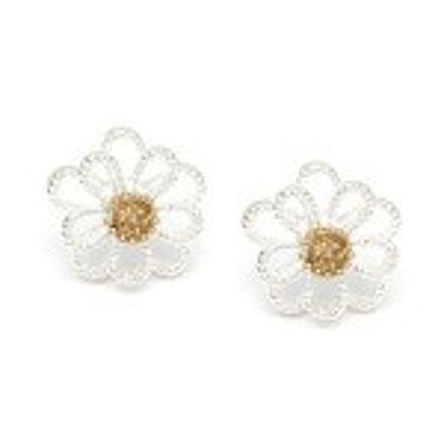 Aretes de flor de margarita en dos tonos de oro y plata