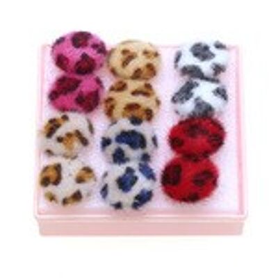 Box of 6 pairs vibrant velvet leopard round button stud earrings - plastic posts