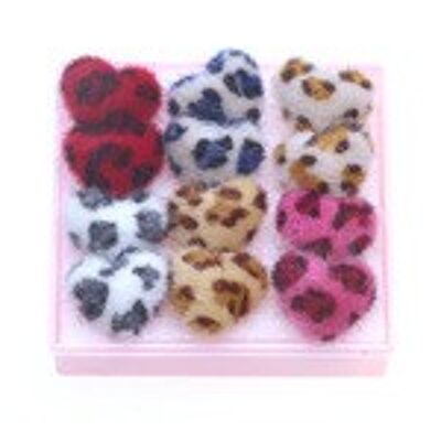 Box of 6 pairs vibrant velvet leopard heart stud earrings - plastic posts