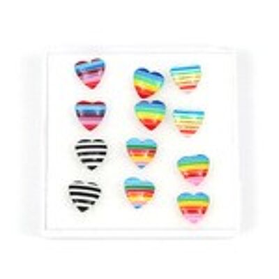Box of 6 pairs vibrant horizontal striped heart stud earrings