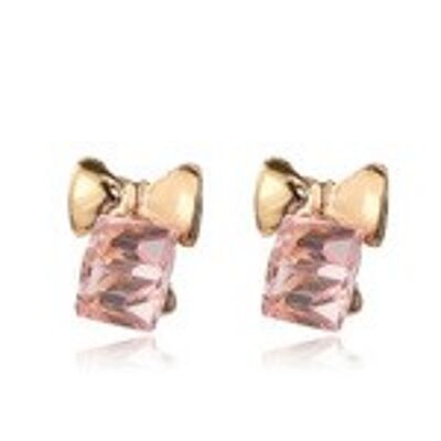 Pink glass cube with gold-tone bow stud earrings