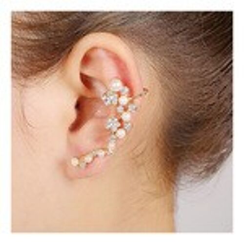Gold plated faux pearl and crystal flower ear cuff earrings with gift box