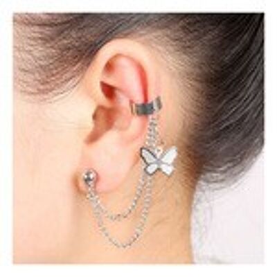 Boucles d'oreilles manchette double chaîne avec breloque papillon et boîte cadeau