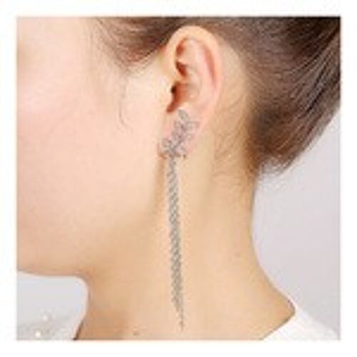 Silver-tone leaf charm tassel ear cuff earrings with gift box