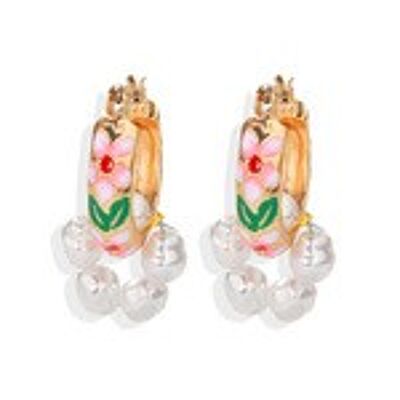 Boucles d'oreilles créoles florales dorées avec fausses perles blanches