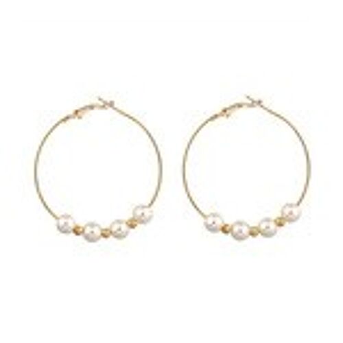 Large White Faux Pearl and Gold Tone Beaded Hoop Earrings