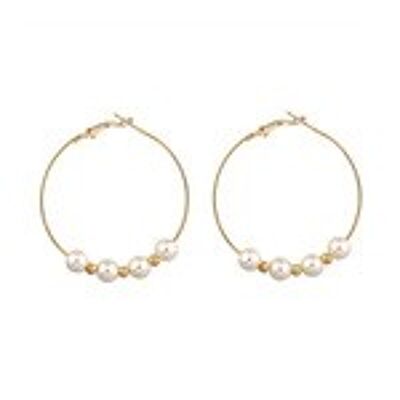 Large White Faux Pearl and Gold Tone Beaded Hoop Earrings