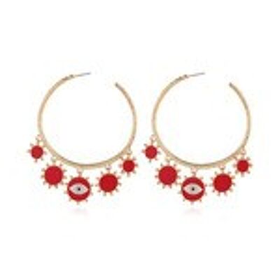 Large Red Evil Eye Enamel Hoop Earrings in Gold Tone