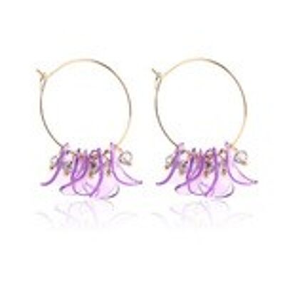 Gold Tone Hoop Earrings with Purple Petals and Beads