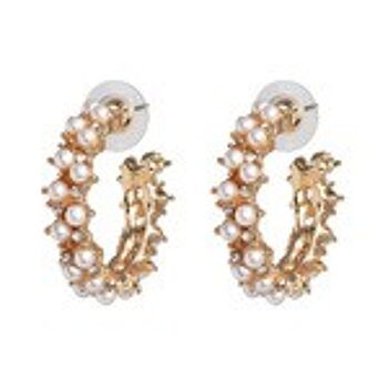 Boucles d'oreilles créoles en fausse perle blanche et cristal doré 1