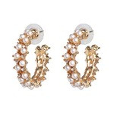 White Faux Pearl and Crystal Hoop Earrings in Gold Tone