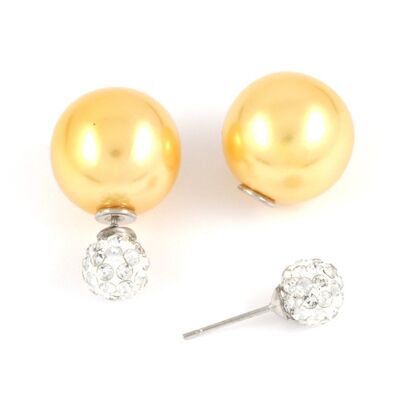 Peach puff ABS acrylic pearl bead with crystal ball double sided stud earrings
