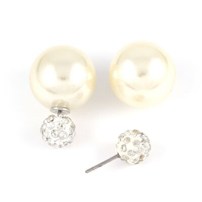 Perle di perle acriliche in ABS bianche con orecchini a bottone a doppia faccia con sfera di cristallo