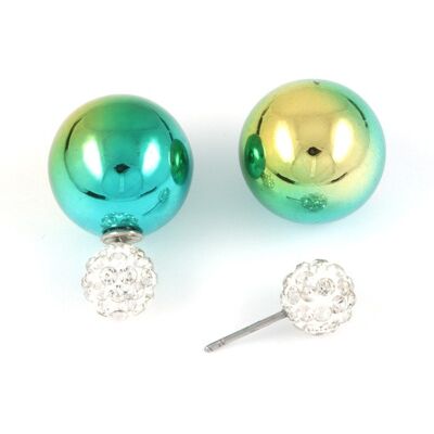 Perla acrilica con placcatura UV verde dorato con orecchini a bottone con sfera di cristallo