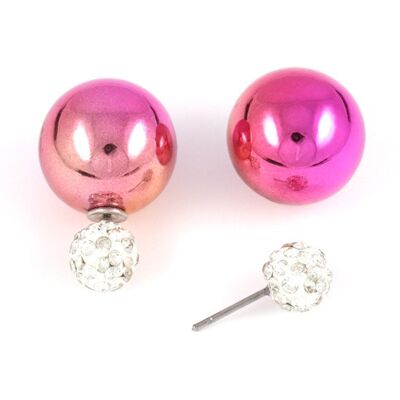Aretes de perlas acrílicas fucsias con baño UV y bola de cristal