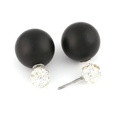 Perla di plastica nera con orecchini a bottone a doppia faccia con sfera di cristallo