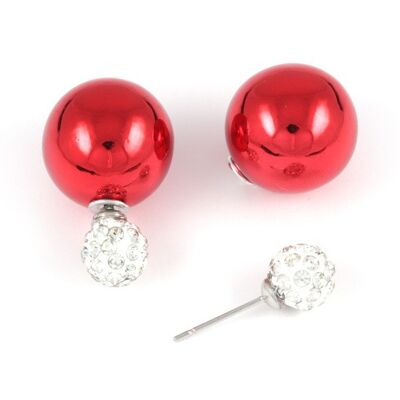Perla di plastica rossa con orecchini a bottone a doppia faccia con sfera di cristallo