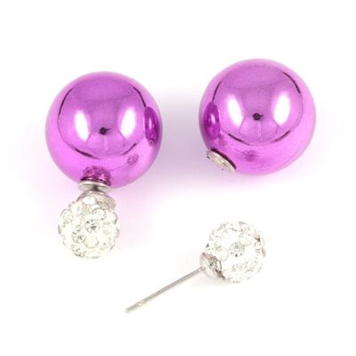 Boucles d'oreilles perle en plastique violette avec boule de cristal double face