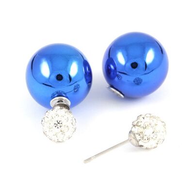 Pendientes de botón de doble cara con perla de plástico azul y bola de cristal