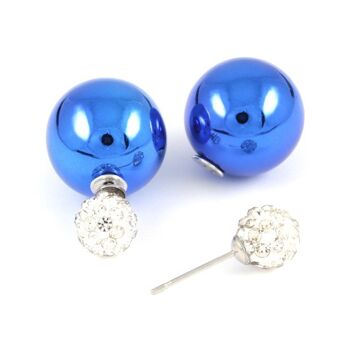 Boucles d'oreilles double face perle en plastique bleu avec boule de cristal