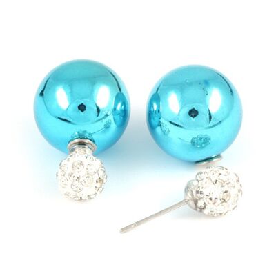 Boucles d'oreilles perle en plastique turquoise avec boule de cristal double face