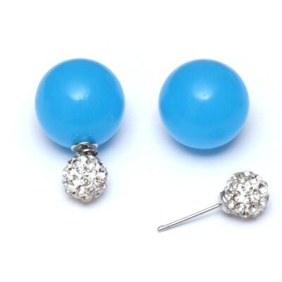Perla acrilica color caramella blu cielo profondo con orecchini a bottone a doppia faccia con sfera di cristallo
