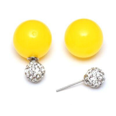 Perla acrilica color caramella gialla con orecchini a bottone a doppia faccia con sfera di cristallo