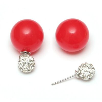 Perla acrilica color caramella rossa con orecchini a bottone a doppia faccia con sfera di cristallo