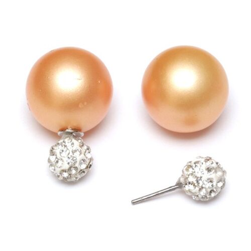 Light salmon frosted acrylic bead with crystal ball double sided stud earrings