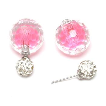 Perle à facettes en acrylique rose avec clous d'oreilles double face boule de cristal