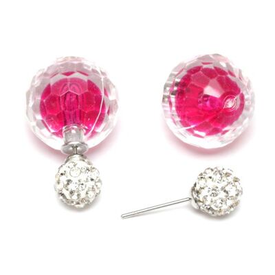 Perla sfaccettata in acrilico rosa intenso con orecchini a bottone a doppia faccia con sfera di cristallo