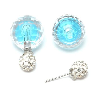 Perla sfaccettata in acrilico blu con orecchini a bottone a doppia faccia con sfera di cristallo
