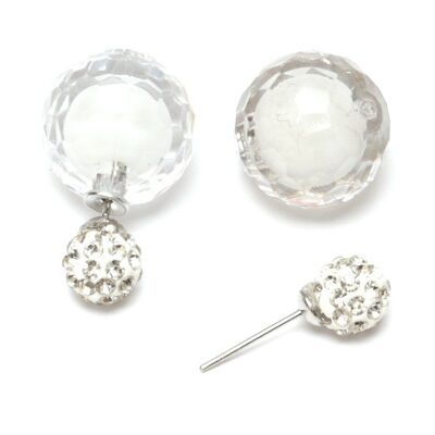 Perla sfaccettata in acrilico bianco con orecchini a bottone a doppia faccia con sfera di cristallo