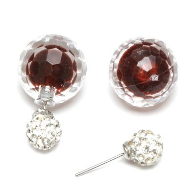 Brown acrylic faceted bead with crystal ball double sided ear studs